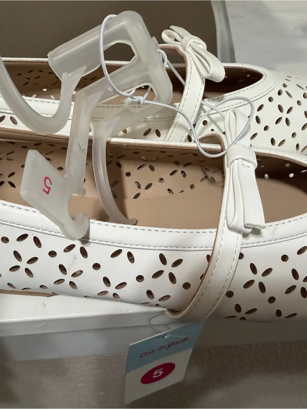 Cat & Jack White Laser-Cut Mary Jane Flats with Bow Accent